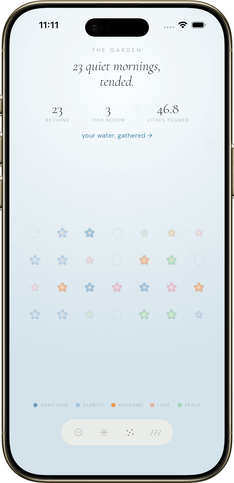 The rippl app Garden screen — a field of blossoms, one for each returning morning
